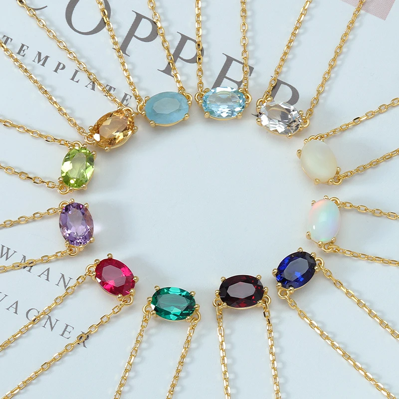 Joacii 925 Sterling Silver Gemstone 12 Zodiac Stones Opal Yellow Citrine Kyanite Sky Blue Crystal 8*6 Egg Shaped  Necklace