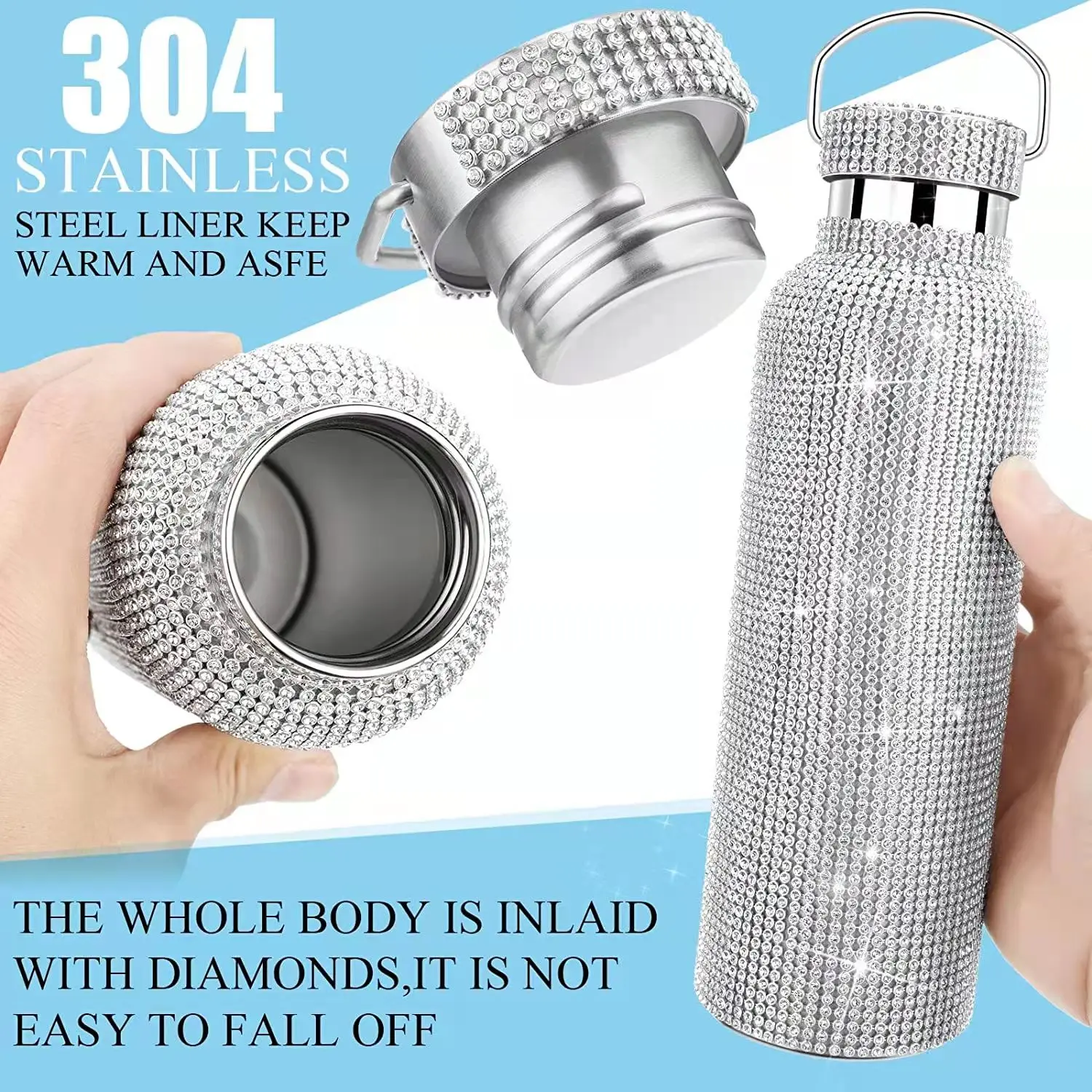 Women Gold Vacuum Bling Rhinestone Stainless Steel Thermal Refillable Insulated Water Bottle