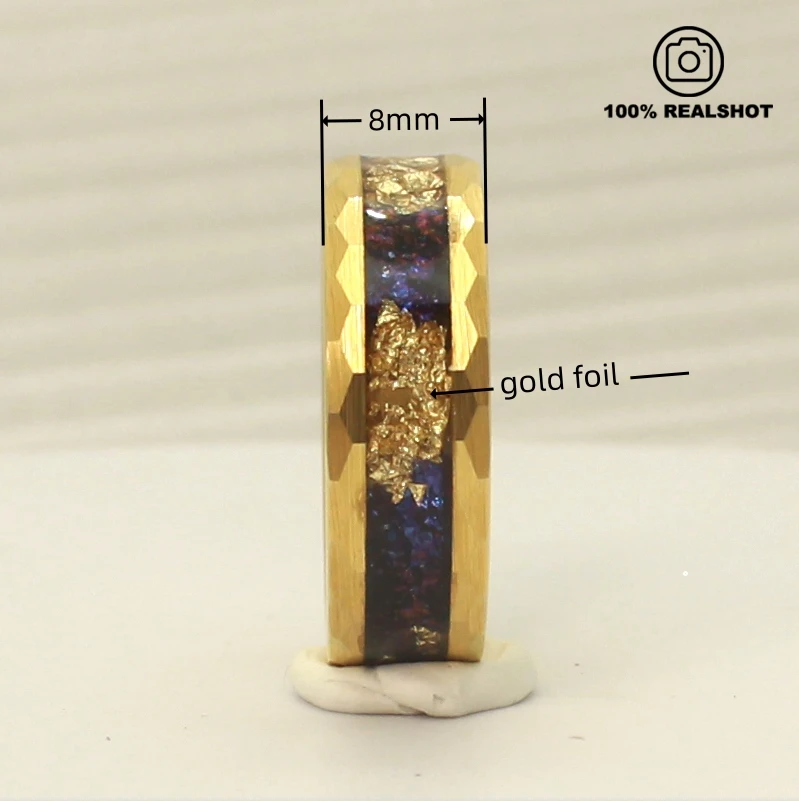 Unisex 8mm Tungsten Hammer Faceted Ring 18K Gold Plated Purple Foil Classic Elegant Design Engagement Anniversary Party Gift