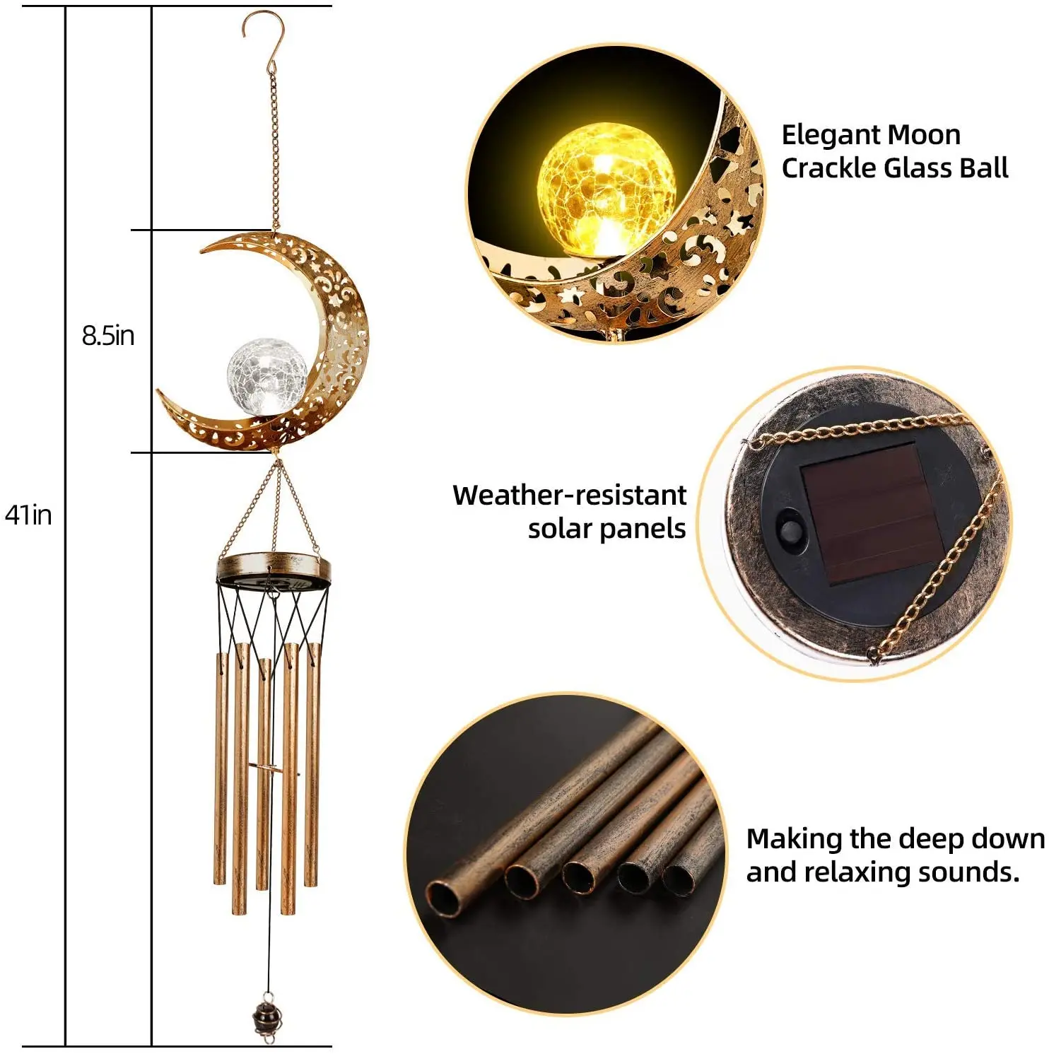 Oniya Large Retro Copper Wind Bells with Crackle Glass Ball, Soft Deep Tone, Solar Wind Chimes for Patio Garden Decor