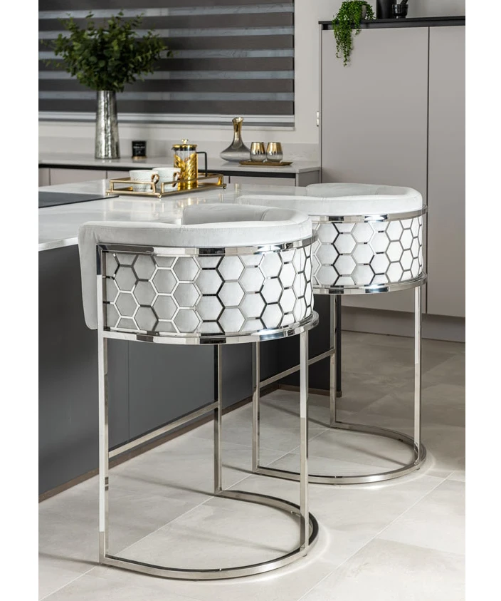  Modern style velvet bar high chair back silver Nordic iron furniture kitchen hotel luxury