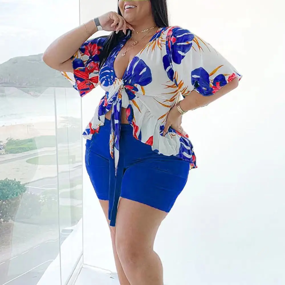 L-5xl Plus Size Women Clothing Two Piece Shorts Pants Sets Fat Women Shorts Set 2 Piece Outfits For Spring Summer Clothes
