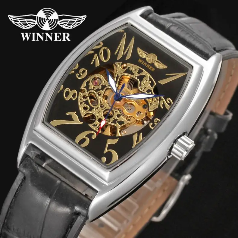 Механические Мужские часы WINNER 8025 Прямая поставка черные с красивым ремешком из искусственной кожи водонепроницаемые полностью автоматические маленькие наручные часы-скелетоны