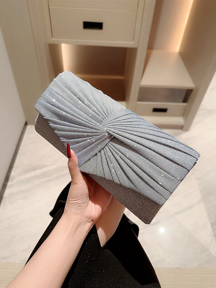 Grey Twinkling Women Party Clutch Bag Purses with Chain Dinner Dress Handbag Evening Wedding Wrinkle Clutch Handbags for Women