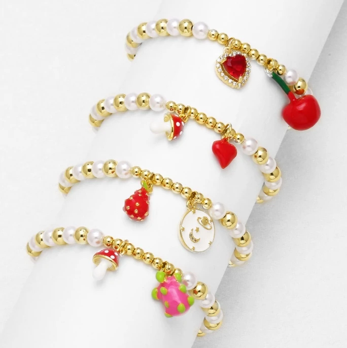 Enamel strawberry/turtle red hoop earrings gold plated CZ micro paved cherry/star/heart bracelet jewelry wholesale
