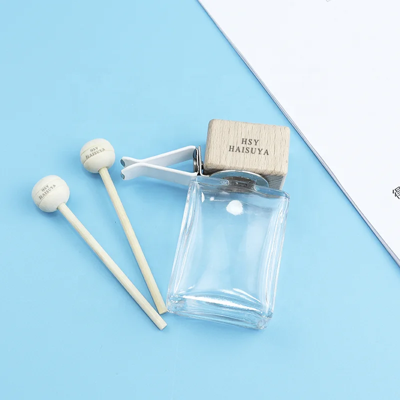 Custom Personalized 10ml 15ml Mini Home Hotel Car Perfume Oil Square Glass Aroma Bottle Wood Vent Diffuser Scent Air Freshener