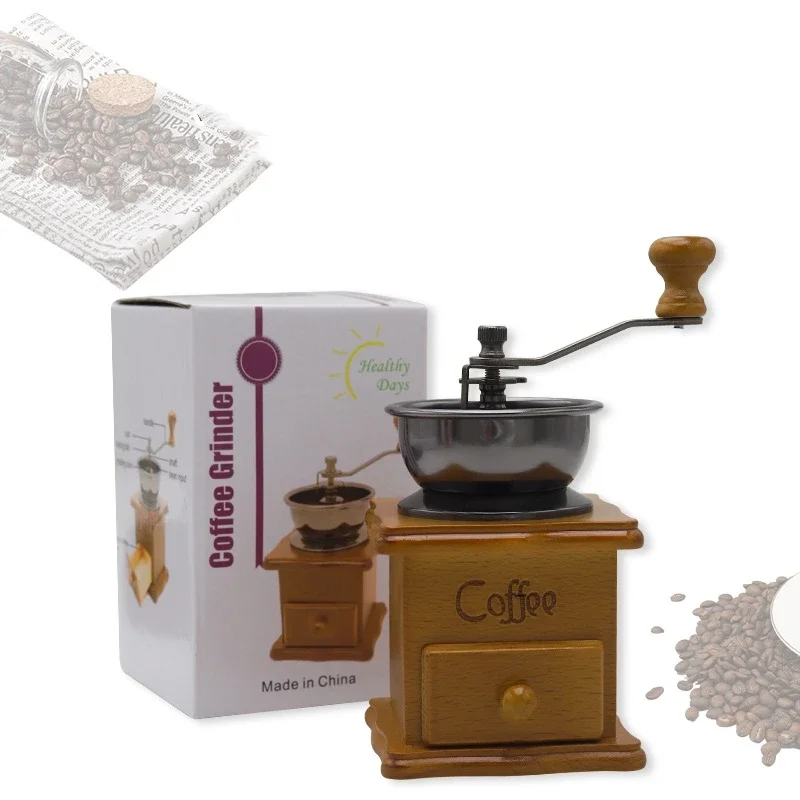 Portable Kitchen Manual Solid Wood Vintage Classic Ceramic Core Hand Roll Coffee Powder Bean Grain Spice