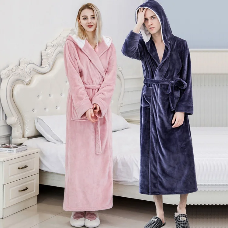 Women and men long fluffy fleece sleepwear warm adult nightgown organic bathrobes with hood