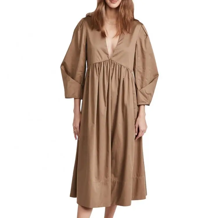 100% Cotton Poplin Dress Custom Deep V Neck Gathered Waist Ladies Casual Loose Dress