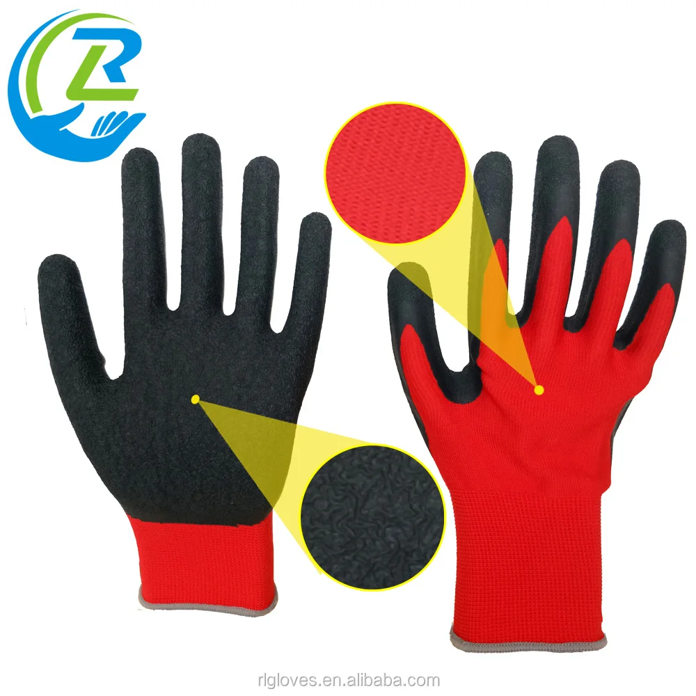 Industrial Labor En388 13 Gauge Red Black Anti Slip Grip Latex Crinkle Coated Construction Household Safety Working Gloves
