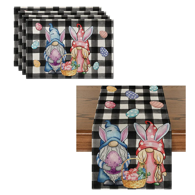 Sublimation Plaid Eggs Bunny Truck Easter Table Runner for Seasonal Spring Holiday Kitchen Dining Table