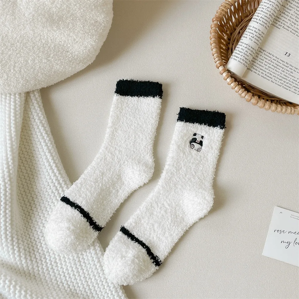 2024 Winter Girls Cute panda fluffy socks coral fleece thick winter floor socks women fuzzy socks
