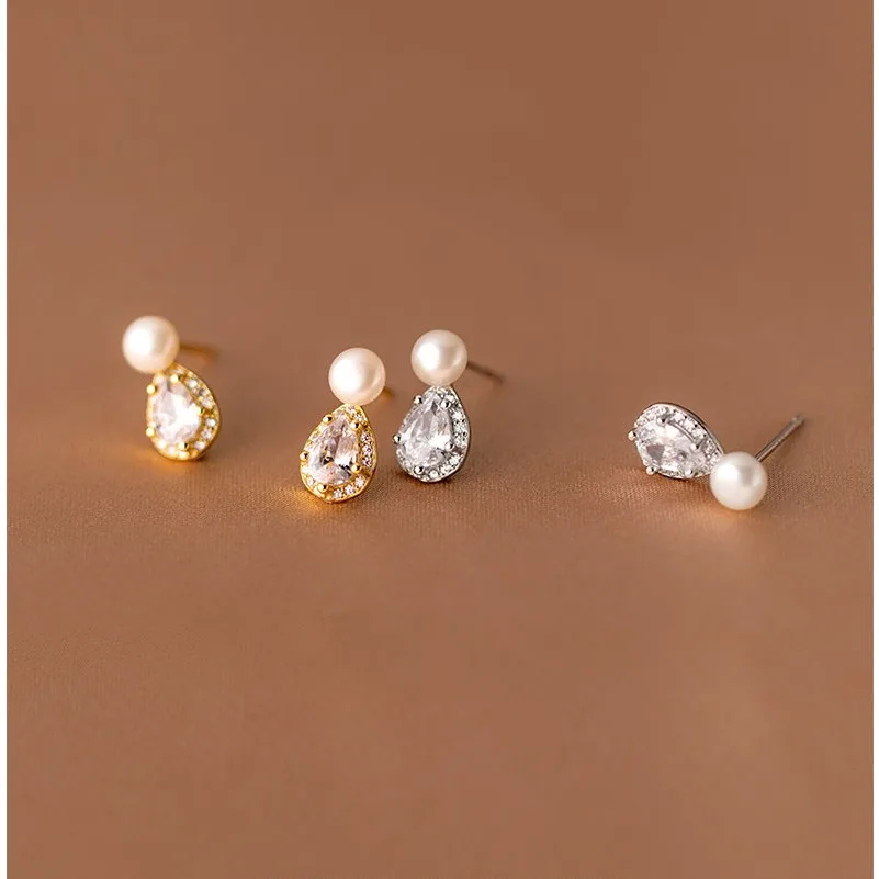 925 Sterling Silver Freshwater Pearl Earrings Trendy Cubic Zirconia Water Drop Shape Ear Studs Earings Dainty Jewelry for Women
