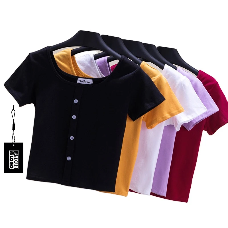 Free labels print and hang tags offer Summer Crop Top Women Clothing Top Short Sleeve Scoop Neck Buttoned Knitted Tops