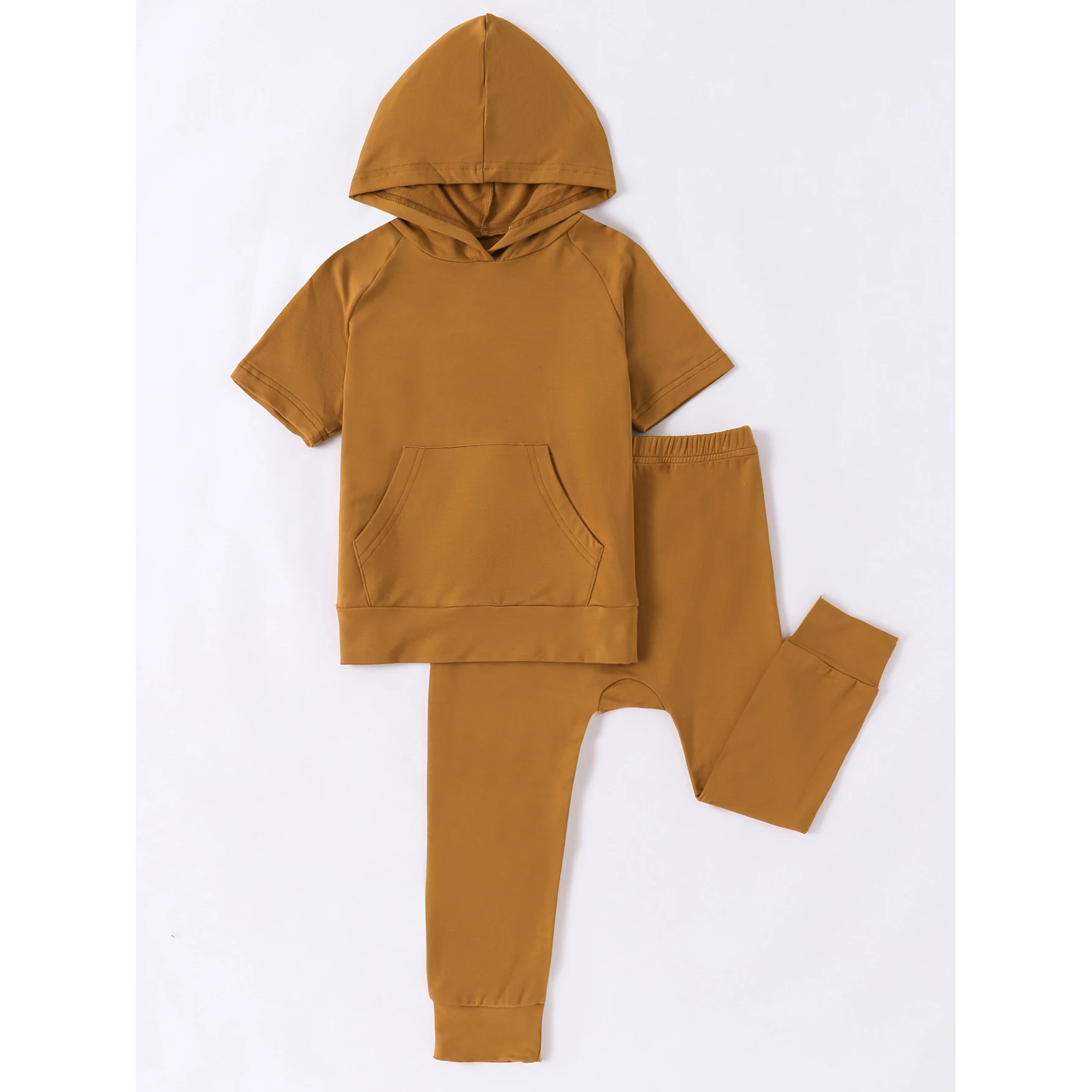 2024 New Fiber Solid Camel Short-Sleeved Hooded Sweatshirt Trousers Casual Outing Two-Piece Suit Bamboo Pajamas
