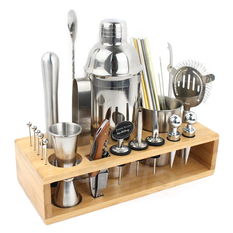 Best Bar Kit Drink Mixer Set With Stand 750Ml Silver Stainless Steel Bar Shaker Set Cocktail