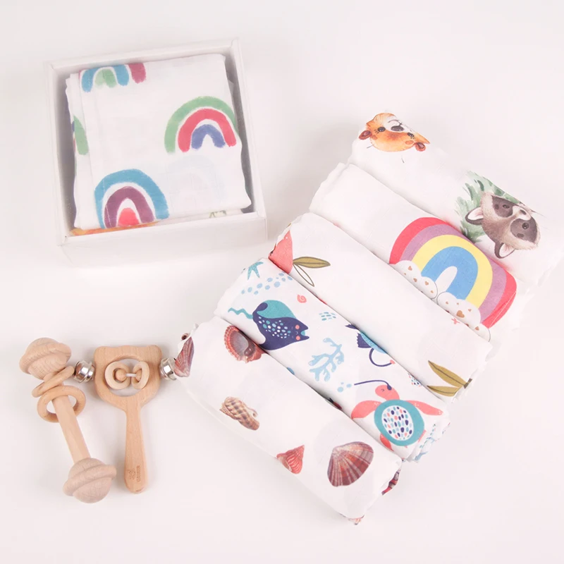 Private label Custom Print Swaddle Muslin Organic Cotton Baby Bamboo Infant Swaddle Blankets Wrap Baby