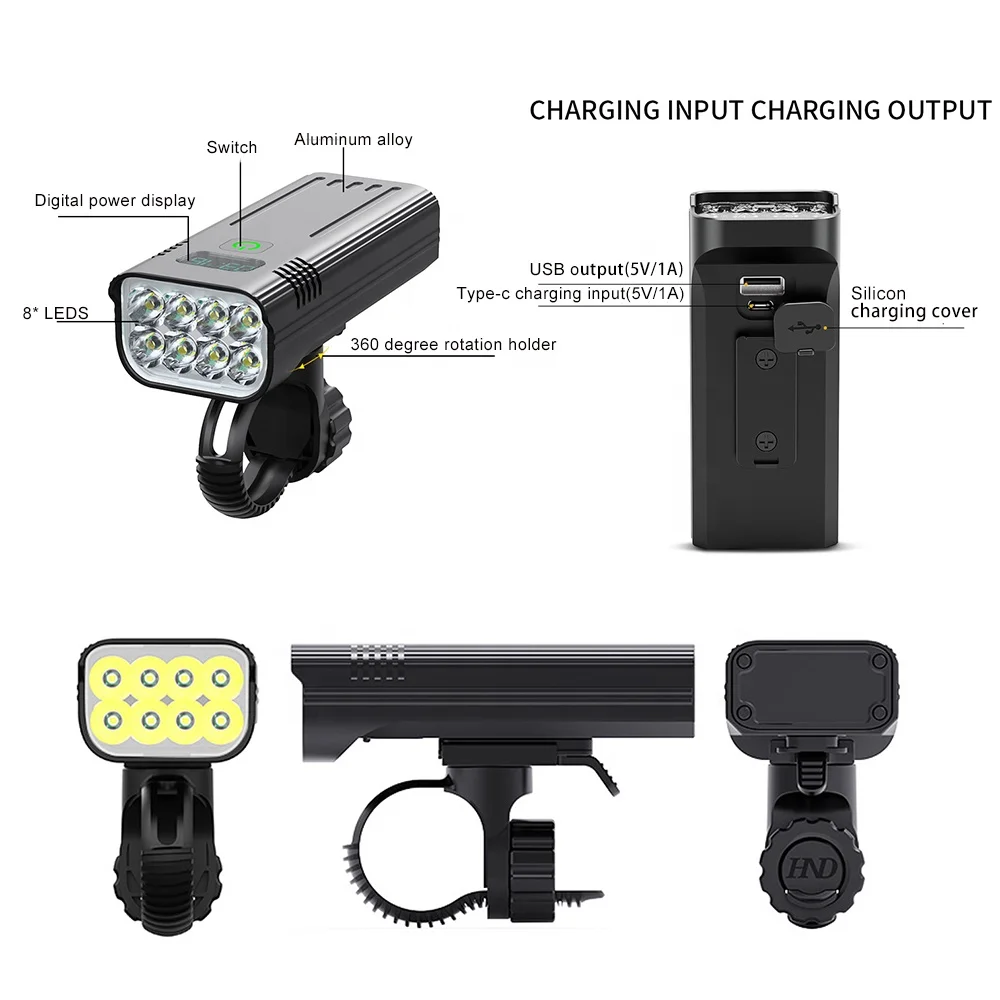 Waterproof IPX5 remaining battery power indicator bike light aluminum alloy USB Rechargeable bicycle lights set accessories
