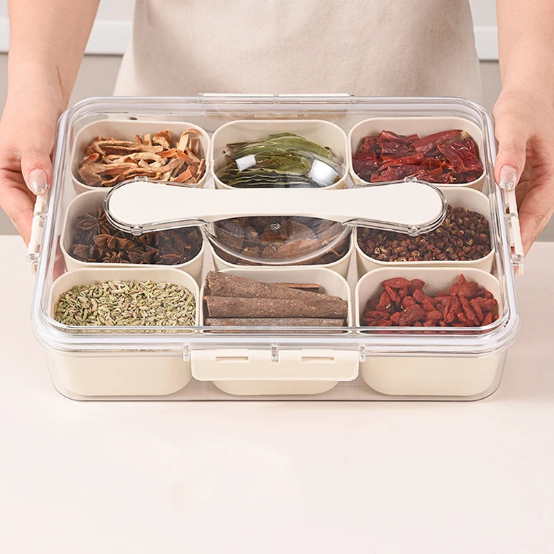 2024 NEW Portable Split Transparent Seasoning Box Plastic 9 Grid Kitchen Spice Food Refrigerator Storage Box Container