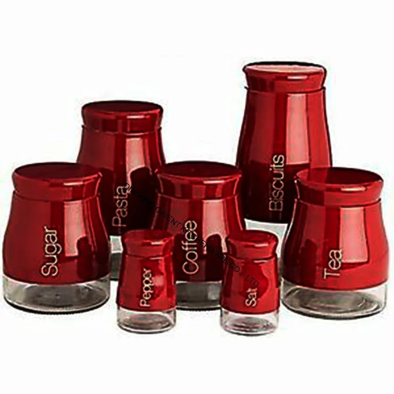 3 Piece Colorful Food Canister Set Coffee Tea Sugar Storage  Red Sets Jars Canister Stainless Steel Canister With Airtight Lid