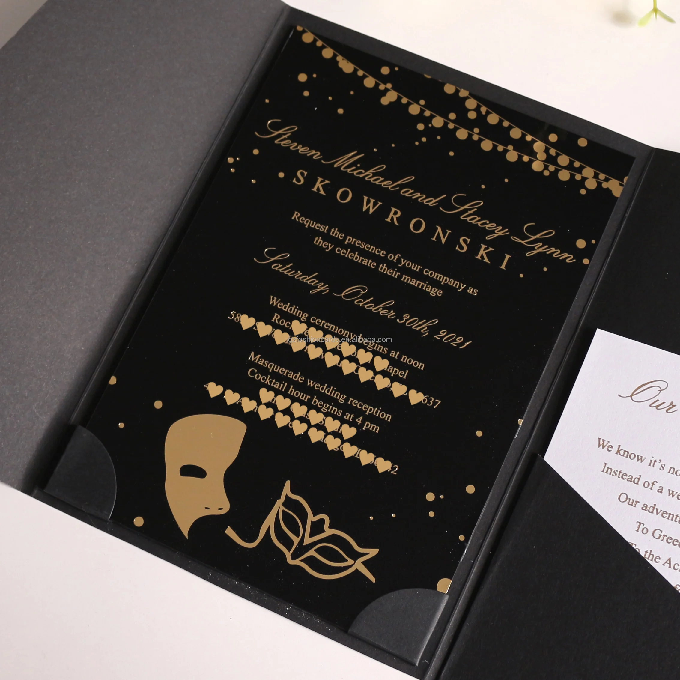 Wholesale Elegant Simple Black Acrylic Invitation Cards With Gold Foil Blank Ribbon Luxury Acrylic Birthday Wedding Invitations