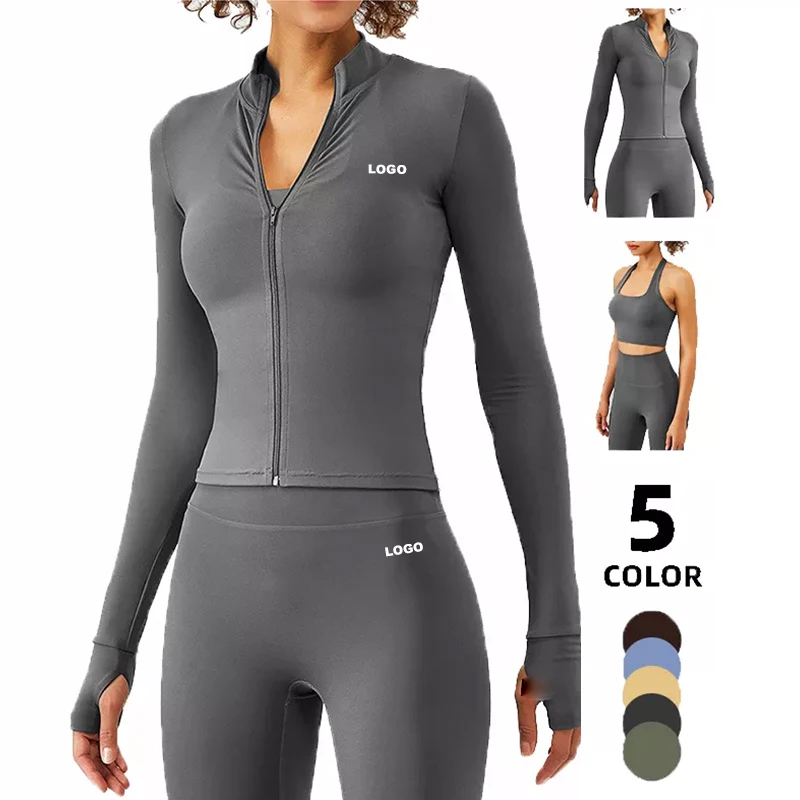 Zip Tracksuit Sexy High Waist Workout Set Active Wear Sports Bra Jacket Leggings Yoga Sets Long Sleeve Women 3 Piece Yoga Set