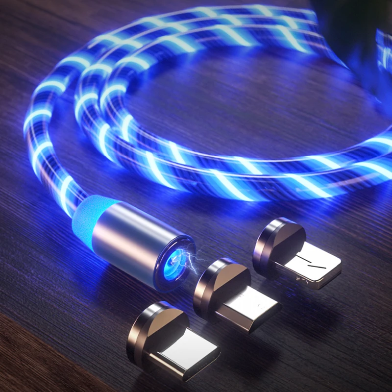 Оптовая продажа 3 в 1 светодиодный светящийся струящийся usb-кабель для мобильного телефона Магнитный зарядный кабель для iphone Магнитный светодиодный кабель