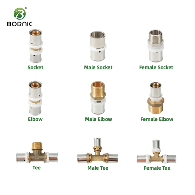 Bornic Free sample High brass press fitting Standard pex fittings Multilayer Nickelplating Male Tee Brass Fittings