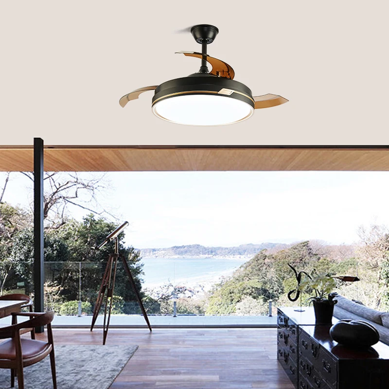 42 Inch Modern LED Ceiling Fan Light Retractable Blades 3 Color Change 6 Speeds Chandelier Remote Control