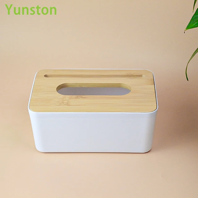 Plastic tissue box with phone holder Rectangular tissue box with wooden lid Plastic napkin boxes with custom patterns