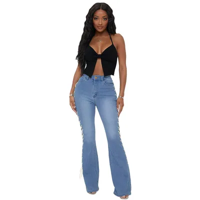 Drawstring Denim Jeans Women Ripped Hole Stretch Jean 2021 Sexy Slim High Waist Ladies Full Length Pencil Pants