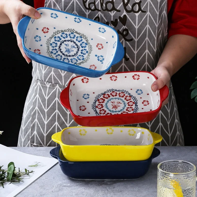 Nordic Hand Painted Binaural Baking Tray Home Creative Ceramic Tableware Cute Girl Heart Fruit Salad Dish Plate