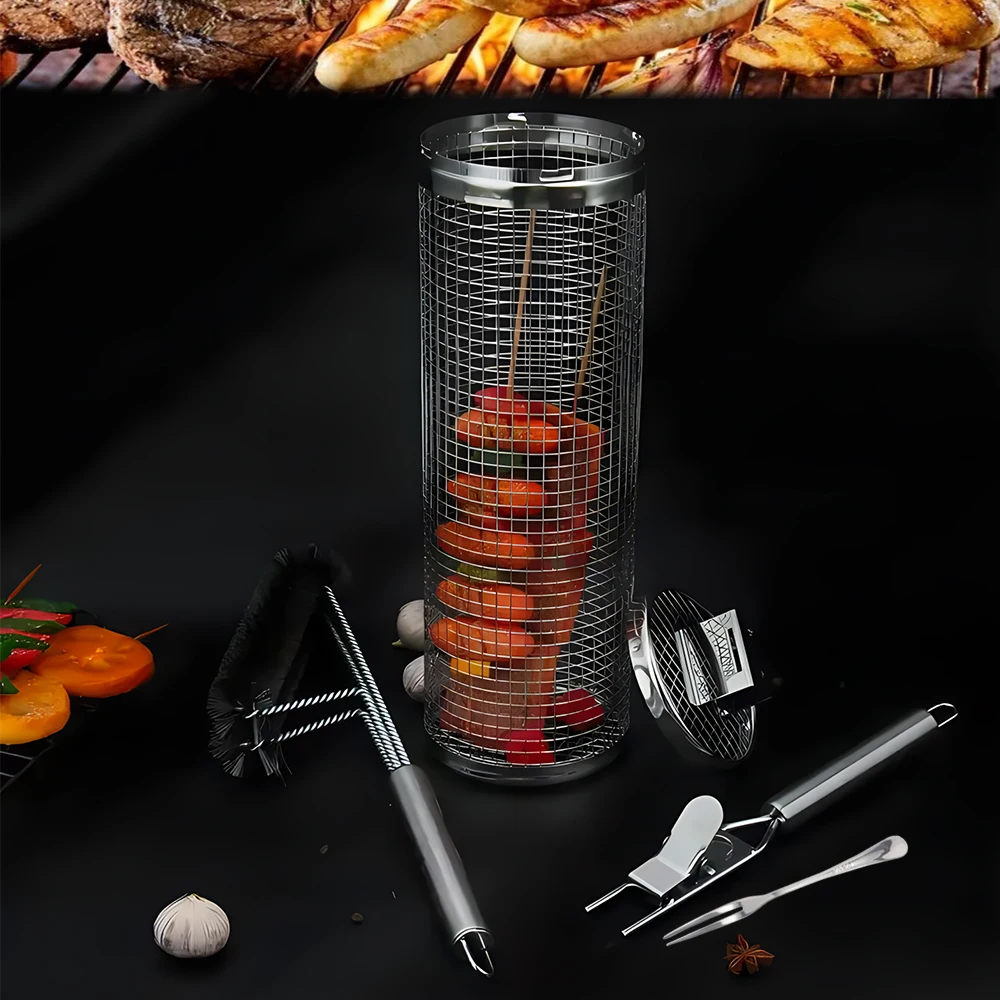 New barbecue grill mesh 304 stainless steel round rolling bbq grilling baskets with fork scraper