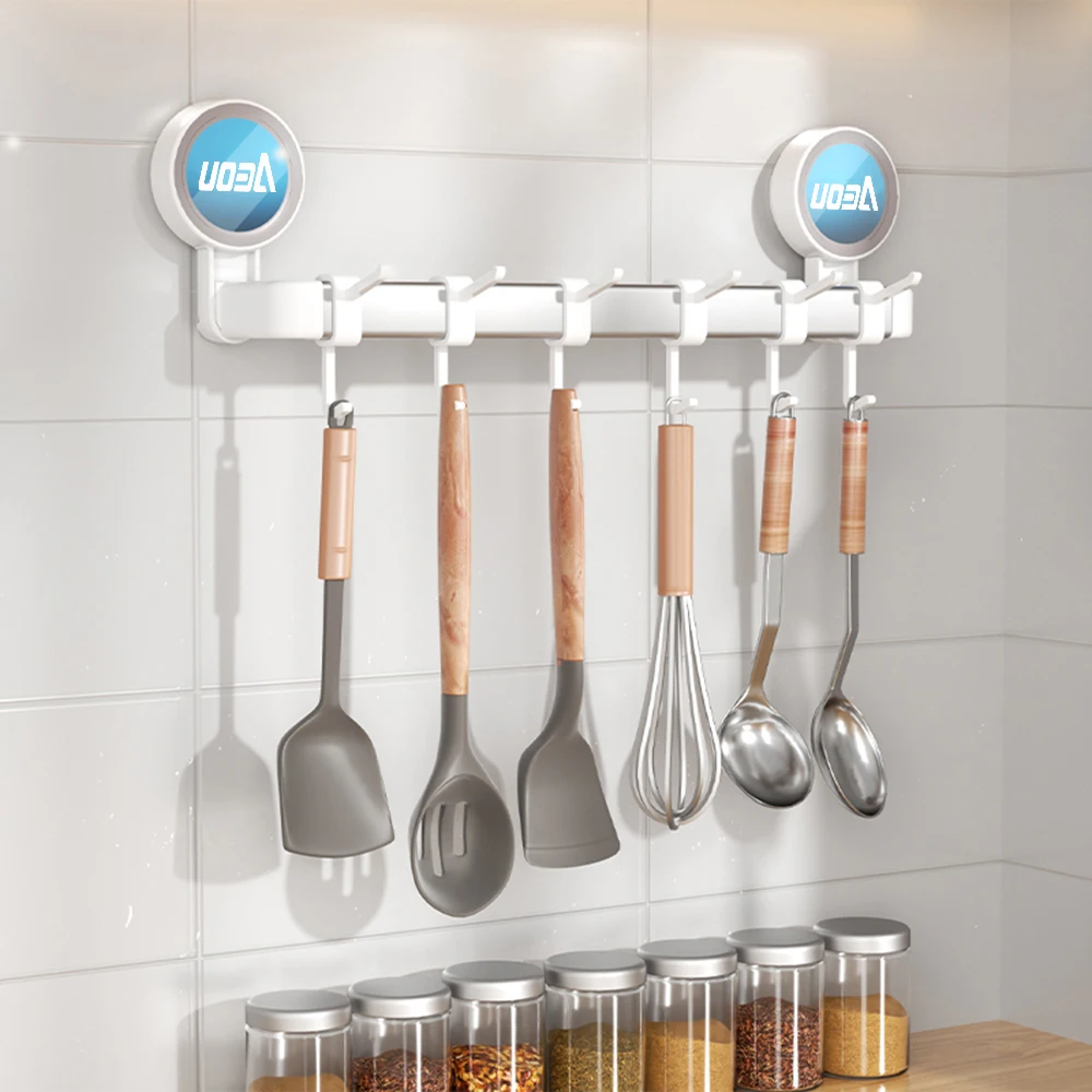 Vacuum Suction Cup Wall Mounted Kitchen Utensil Rack No Drilling Kitchenware Storage Rack Organizer with Hooks