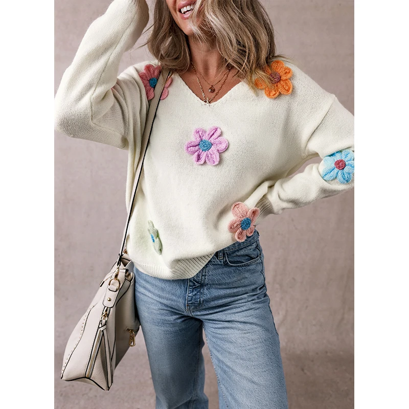 Dear-Lover Wholesale Women Clothing Manufacturers Crochet Flower Knitted V Neck Women Sweater