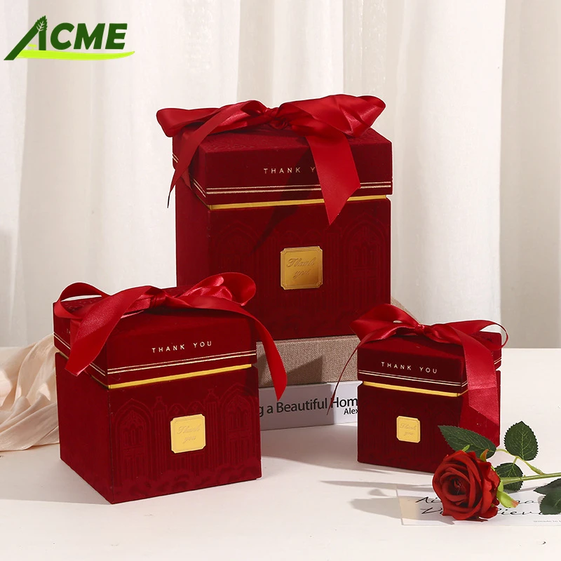 Custom High-End Plush Velvet Bow Gift Box Birthday gift box for Cosmetics Wedding Candy Gifts