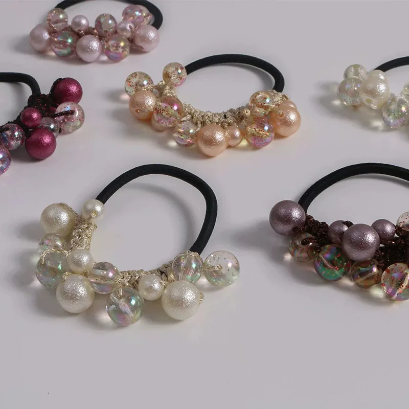 Handmade Crochet Candy White Full Crystal Pearls Ponytail Scrunchies Ties Elastic Rubber Hair Accessories Women Pearl Hair Bands