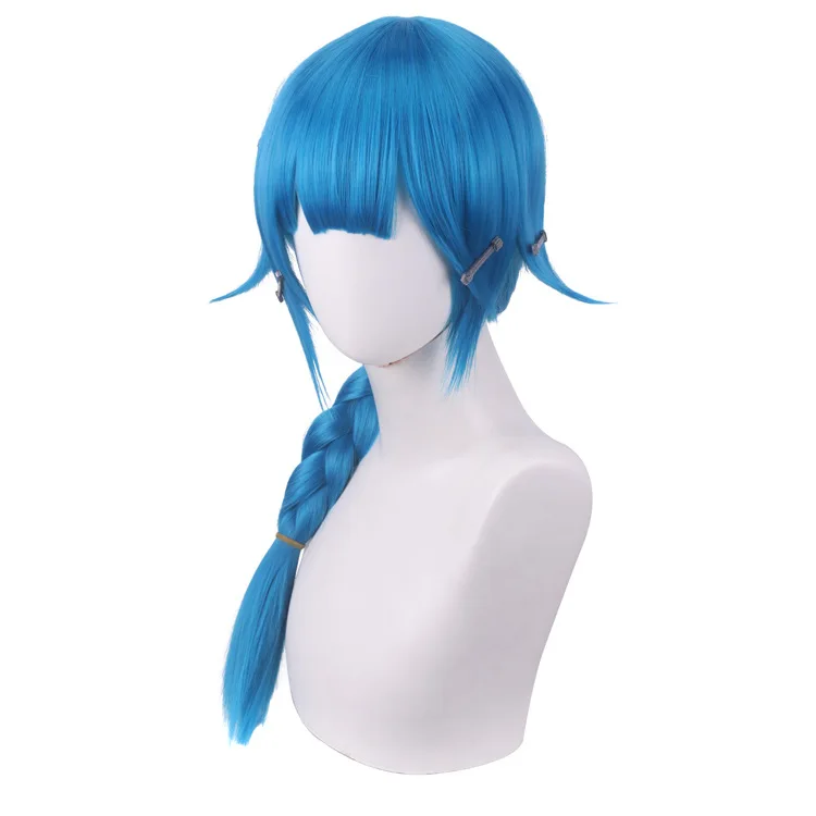 Ainizi high quality lake blue single braid teenager Jinx cosplay wig from Arcane: League of Legends