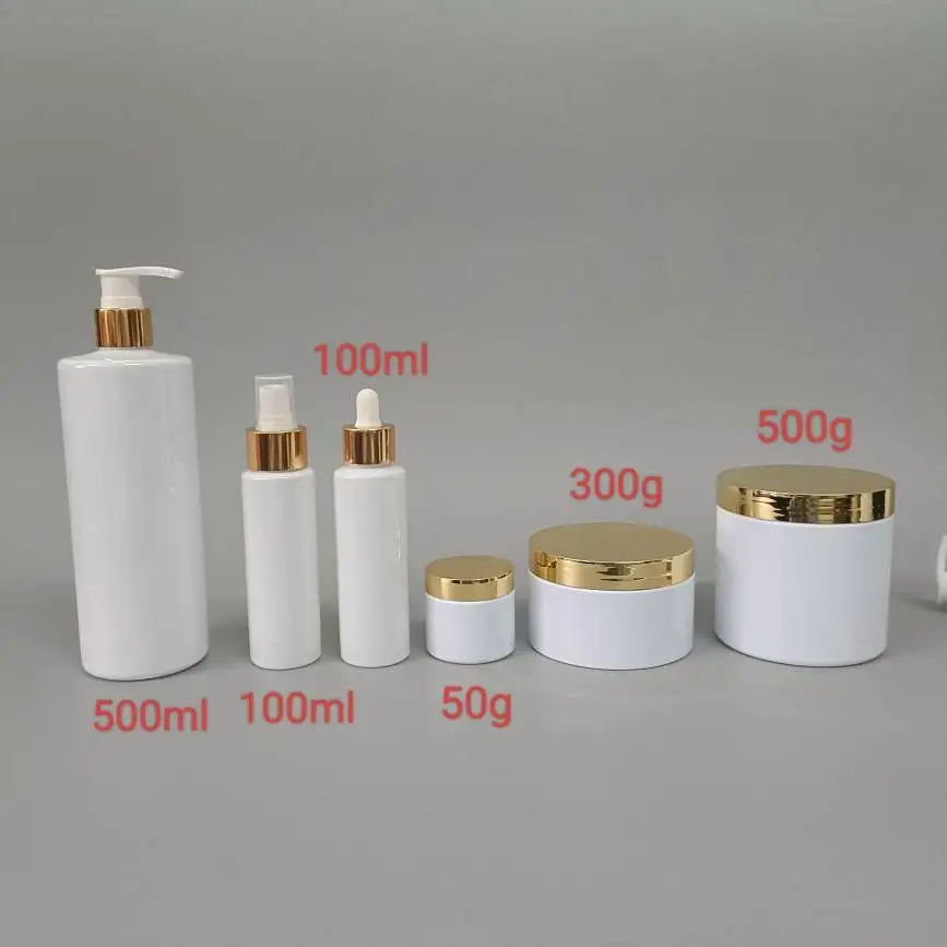 Customize support Luxury 500ml 100ml 300g 500g PET plastic whiteskincare cosmetic shampoo lotion serum bottle set with gold lid