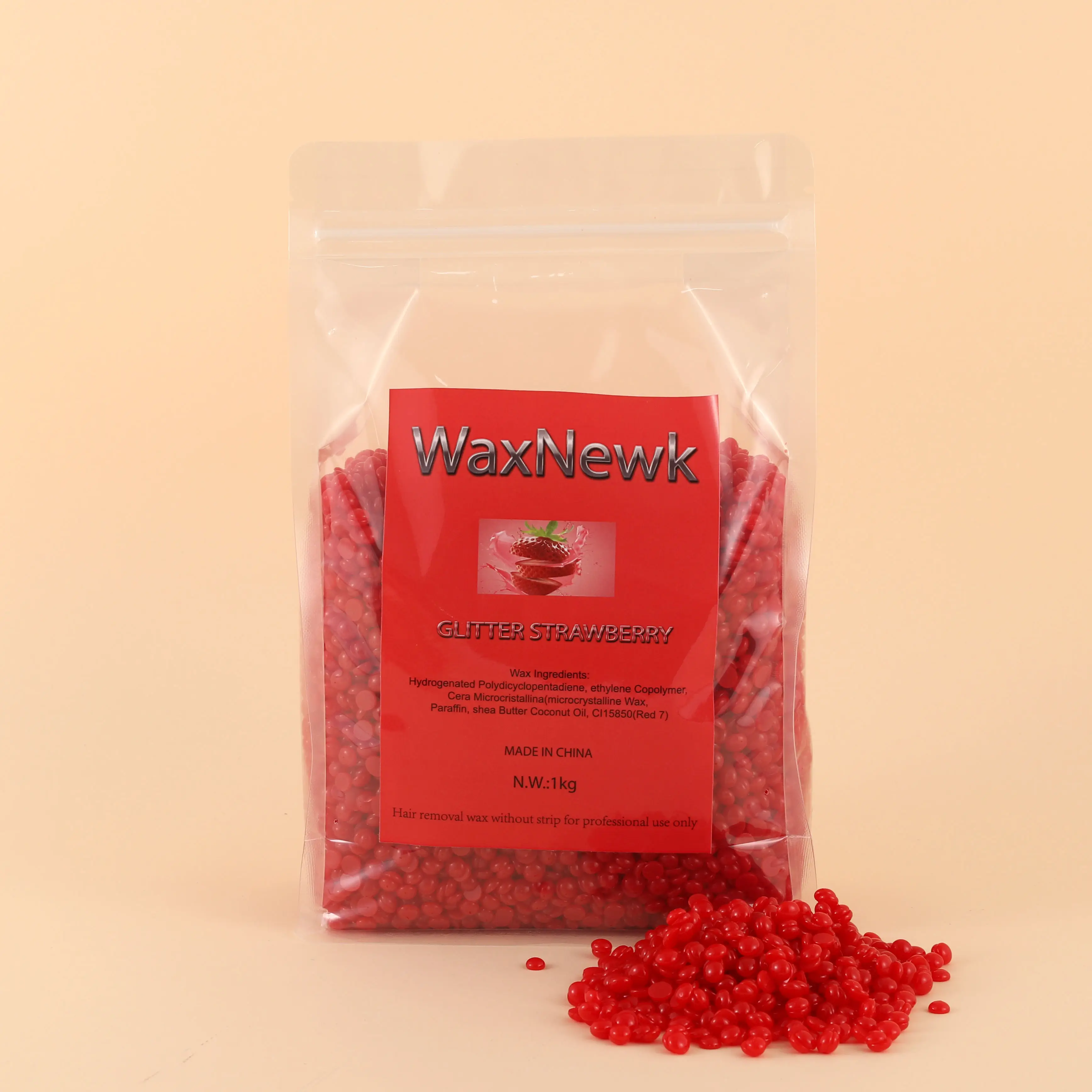 WaxNewk Glitter Strawberry 1kg 2.2LB Unscent Rosin-Free Low Melting Point Body Wax Viscosity Free Paper Hypoallergenic Wax