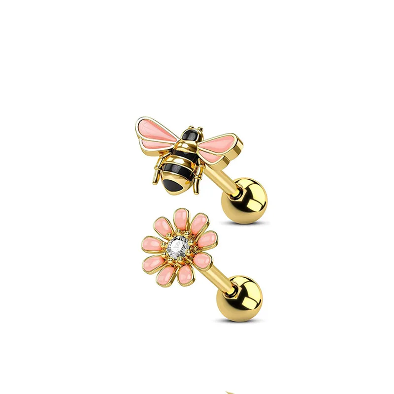 NUORO Cute 316L Stainless Steel Bee Pink Flower Cartilage Earrings CZ Septum Daith Hoop Tragus Helix Nipple Bee Piercing Jewelry