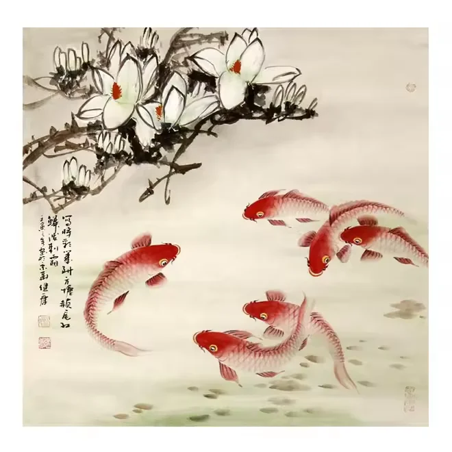 Chinese traditional rice paper ink red koi calligraphy decoration living room wall hanging ink painting