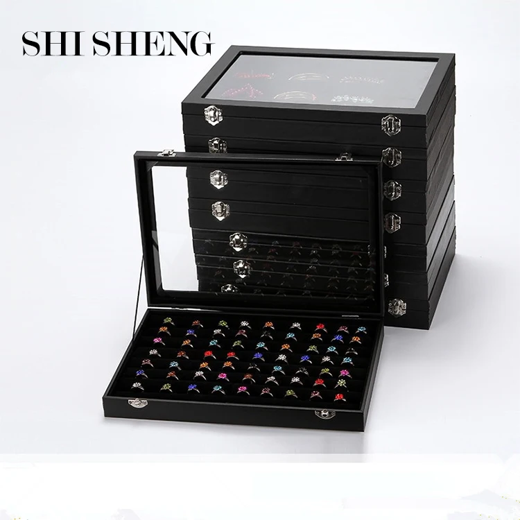 SHI SHENG Multi Function 100 Slots Black Jewelry Box With Transparent Lid for Ring Earring Necklace Storage