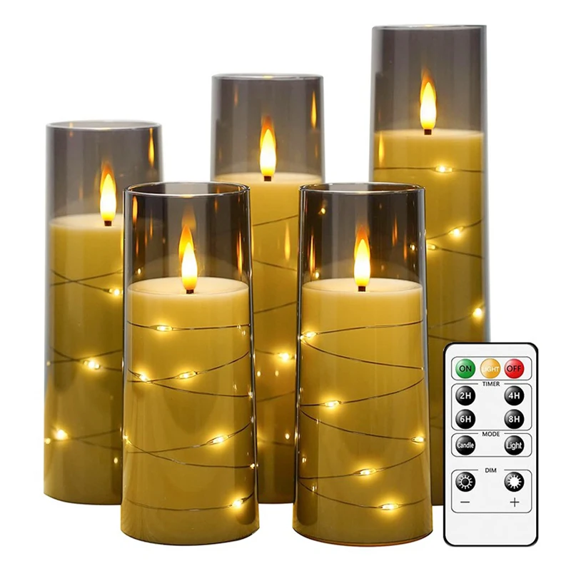 Flameless Flickering Plastic Candles with Embedded Star String Battery Operated LED Pillar Candles with Timer and Remote