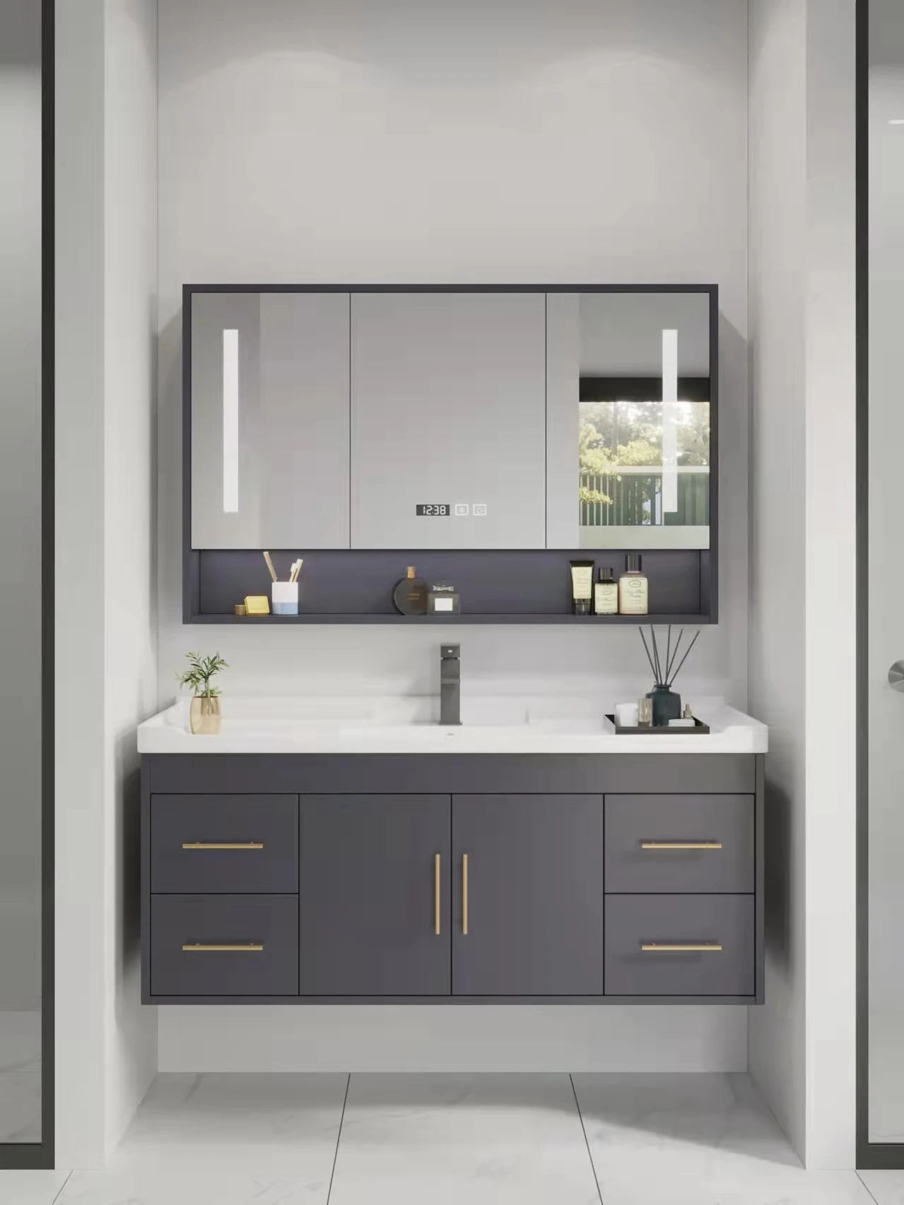 Classical black wooden double sink framed mirror big storage drawers Mdf Vanity Bathroom Cabinets for villa