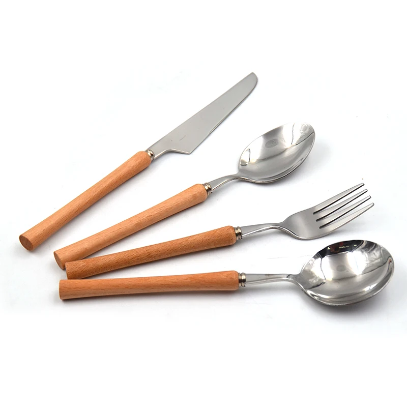 Minimal wind small waist wooden handle stainless steel tableware Spoon fork knife beech handle household