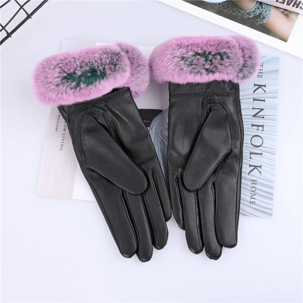 Женские перчатки из натуральной овечьей кожи, осенне-зимние теплые манжеты с отделкой мехом кролика Рекс, рукавицы, 2021