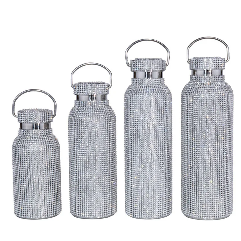 Luxury Diamond Water Bottle with Back Chain Wide Mouth 304 Stainless Steel 24oz 32oz Thermal Crystal Glitter Bling Water Bottles
