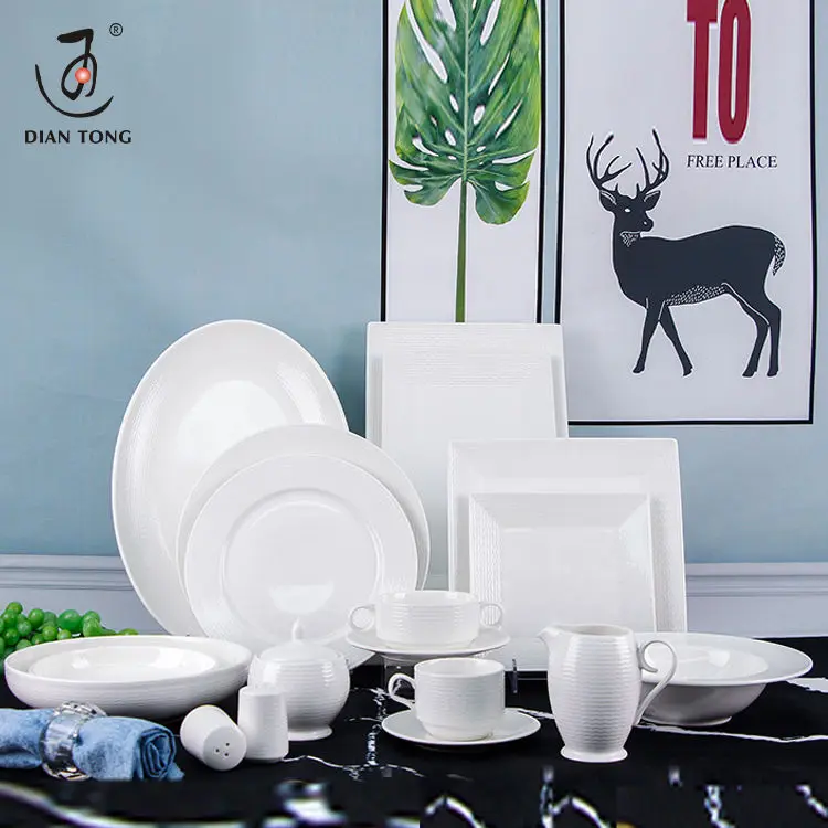 DianTong factory price hotel plain white ceramic tableware set restaurant crockery dinnerware set porcelain dinner set