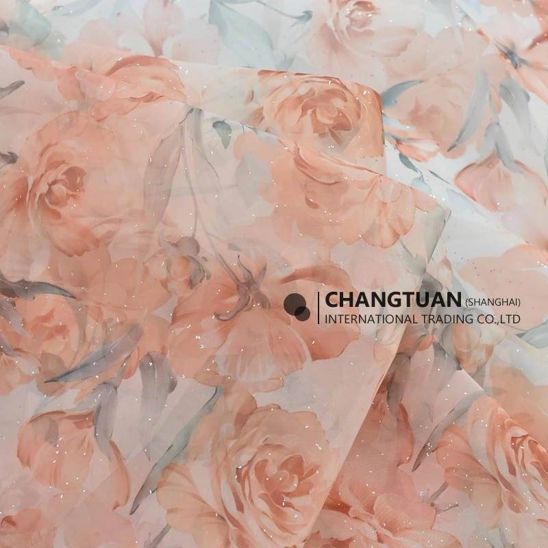 Wholesale High Quality Organza Fabric Shiny Silver Power Big Floral Printed Organza Fabric